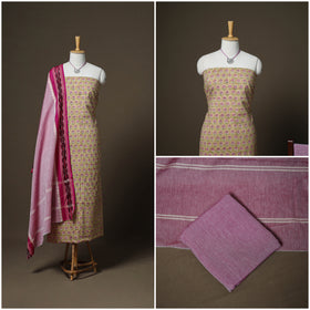 Sanganeri Block Print Cotton Unstitched Dress Material: Kurta, Bottom & Dupatta with Jewellery 42