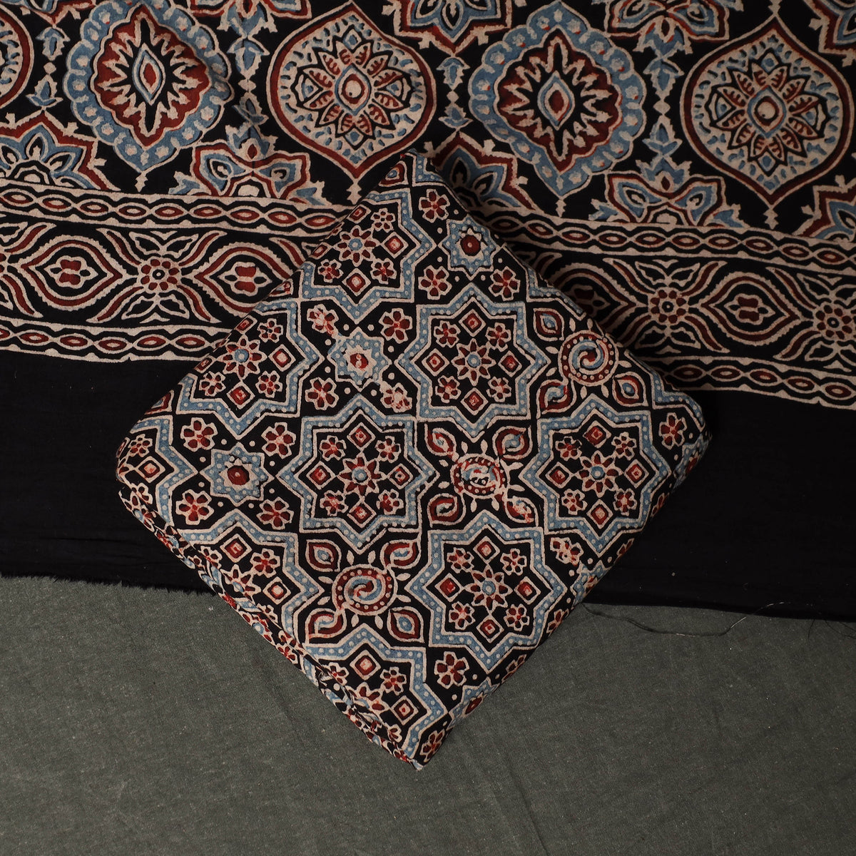 Red - Hand Block Print Natural Dyed Cotton Ajrakh 3pc Unstitched Dress Material Suit Set 09