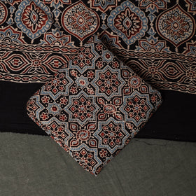 Red - Hand Block Print Natural Dyed Cotton Ajrakh 3pc Unstitched Dress Material Suit Set 09