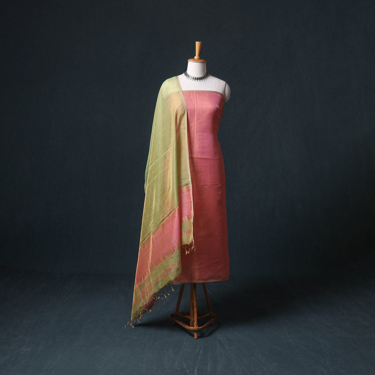 Handloom Maheshwari Silk Tissue Zari Unstitched Dress Material: Kurta with Dupatta 03