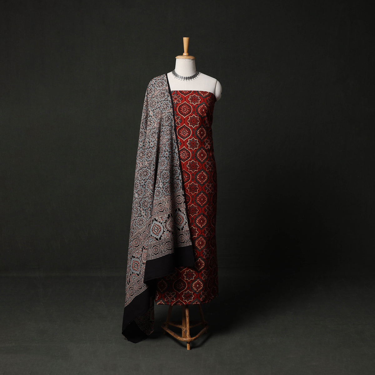Red - Hand Block Print Natural Dyed Cotton Ajrakh 3pc Unstitched Dress Material Suit Set 09