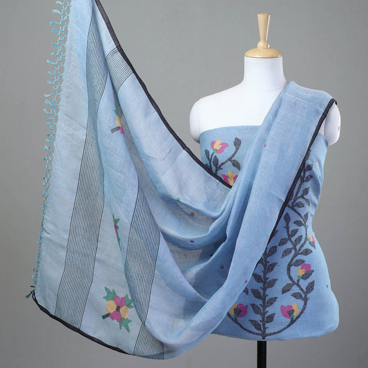 Blue - 2pc Phulia Jamdani Weave Handloom Linen Suit Material Set