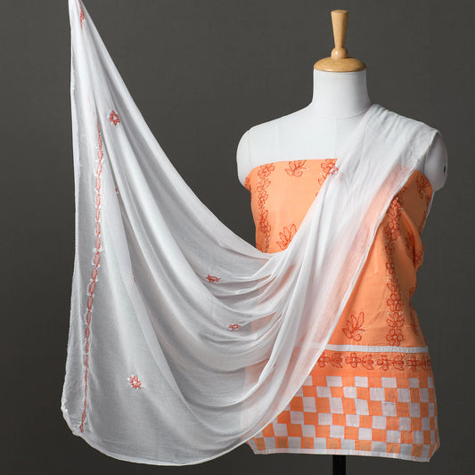 Orange - 3pc Lucknow Chikankari Hand Embroidery Cotton Suit Material Set 13