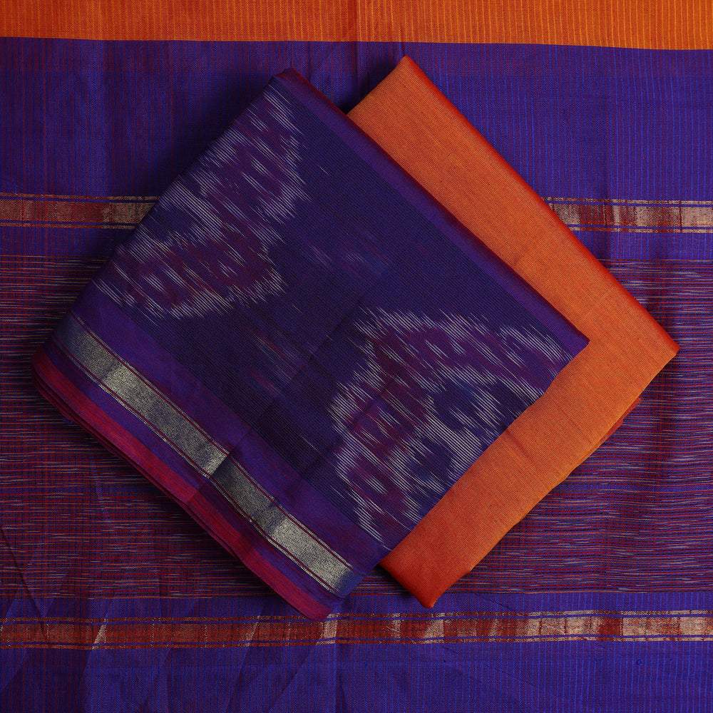 Blue - 3pc Handloom Silk Cotton Pochampally Ikat Dress Material 01