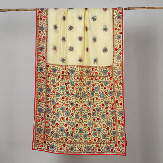 Yellow - Phulkari Hand Embroidery Silk Cotton Saree
