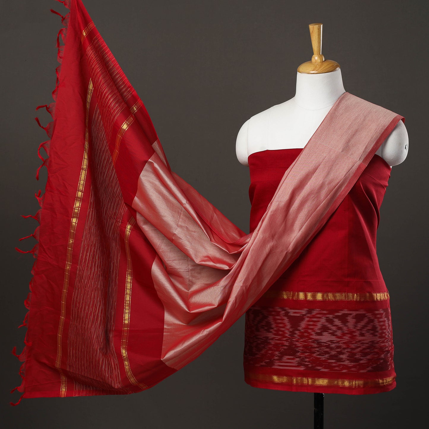 Red - 3pc Handloom Silk Cotton Pochampally Ikat Dress Material 03