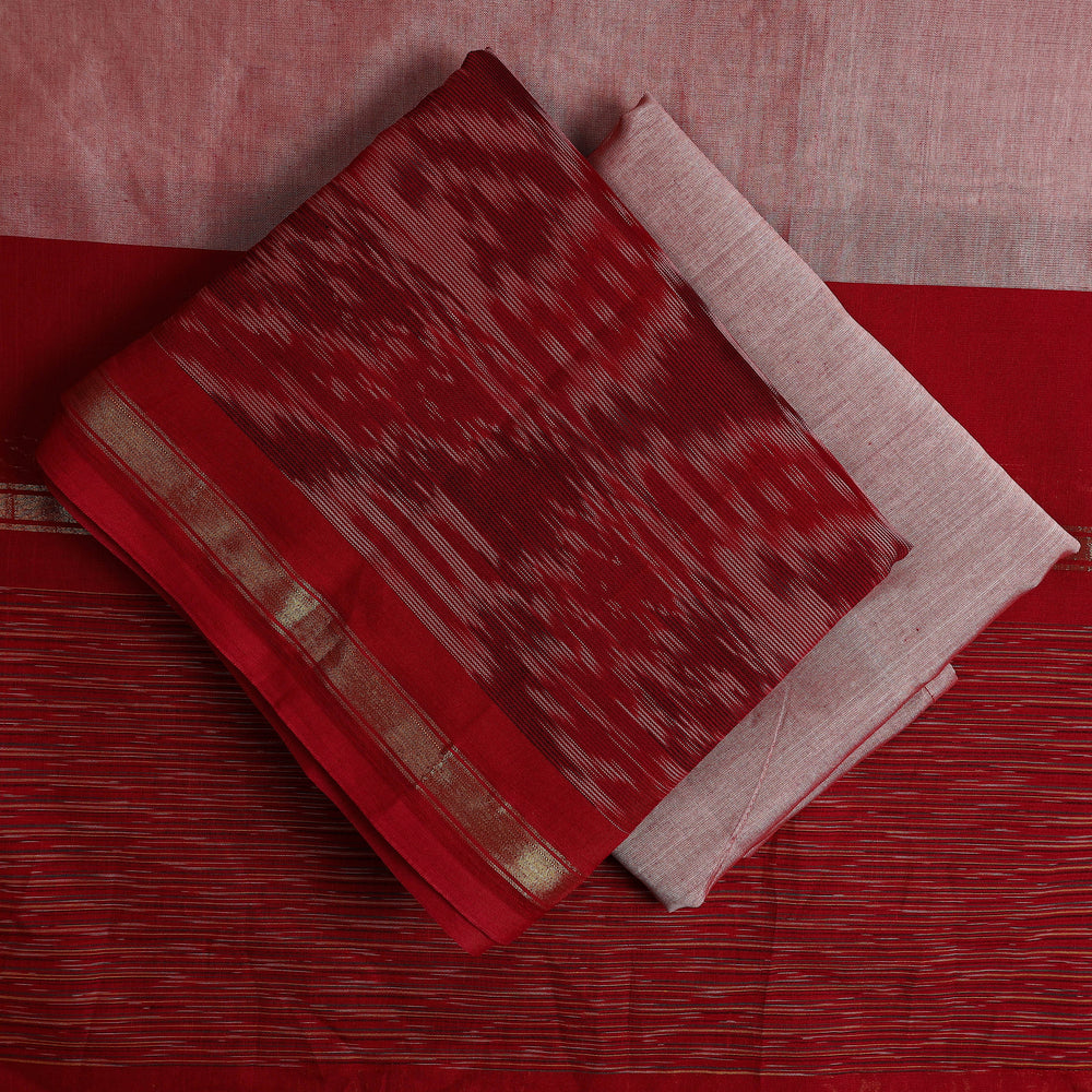 Red - 3pc Handloom Silk Cotton Pochampally Ikat Dress Material 03