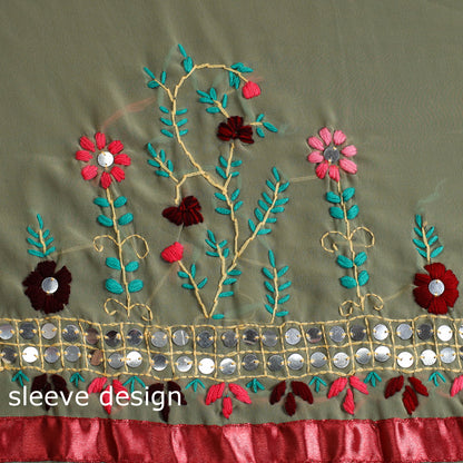 Green - 3pc Phulkari Embroidery Chapa Work Georgette Suit Material Set 06