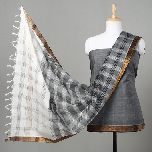 Grey - 3pc Mangalagiri Handloom Cotton Suit Material Set with Zari Border