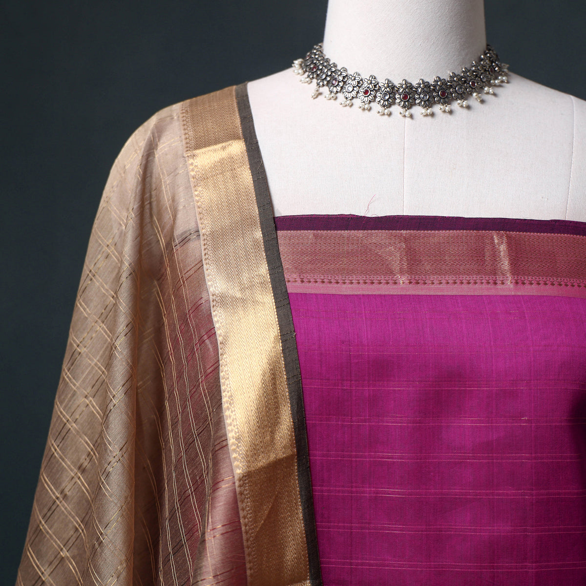 Handloom Maheshwari Silk Zari Checks Unstitched Dress Material: Kurta with Dupatta 04