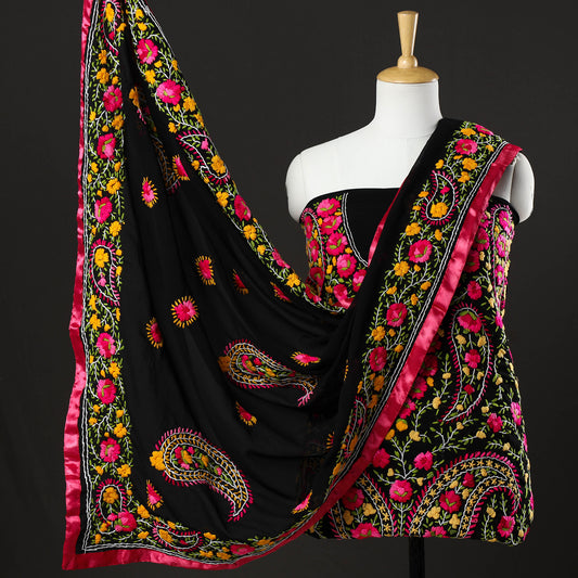 Black - 3pc Phulkari Embroidery Chapa Work Georgette Suit Material Set 21