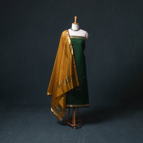 Handloom Maheshwari Silk Zari Checks Unstitched Dress Material: Kurta with Dupatta 05