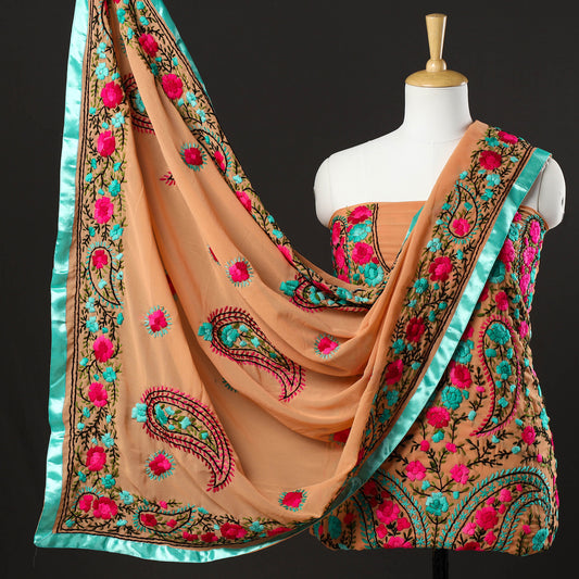 Brown - 3pc Phulkari Embroidery Chapa Work Georgette Suit Material Set 23