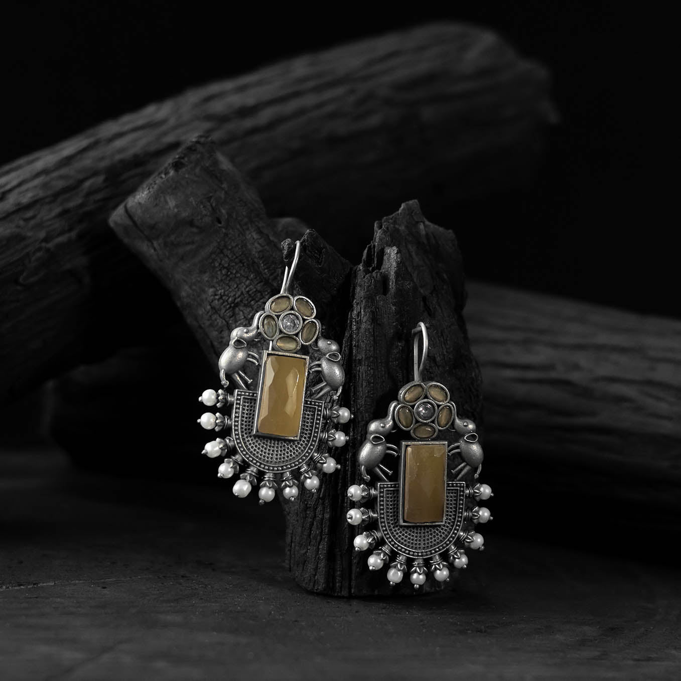 Yellow - saanjh bela elephant flower oxidised earrings