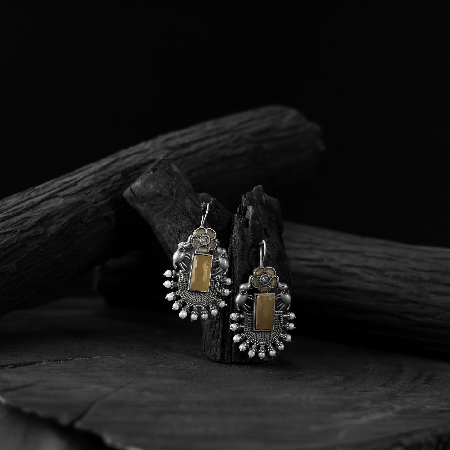 Yellow - saanjh bela elephant flower oxidised earrings