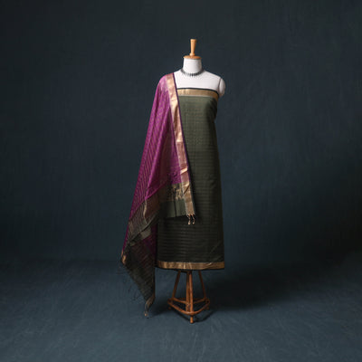 Handloom Maheshwari Silk Zari Checks Unstitched Dress Material: Kurta with Dupatta 06