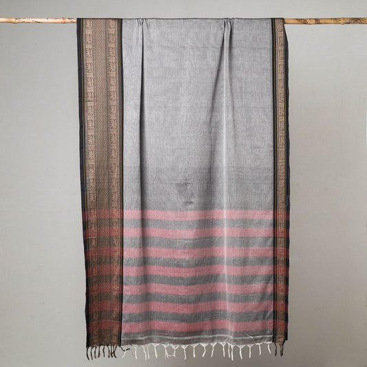 Grey - Traditional Narayanpet Mercerised Cotton Saree with Thread Border