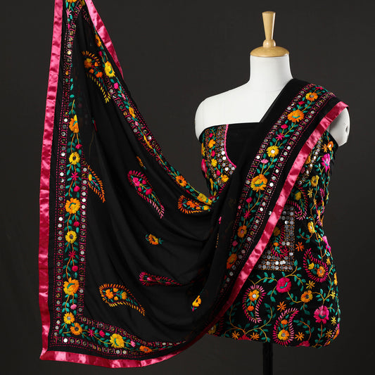 Black - 3pc Phulkari Embroidery Chapa Work Georgette Suit Material Set 24