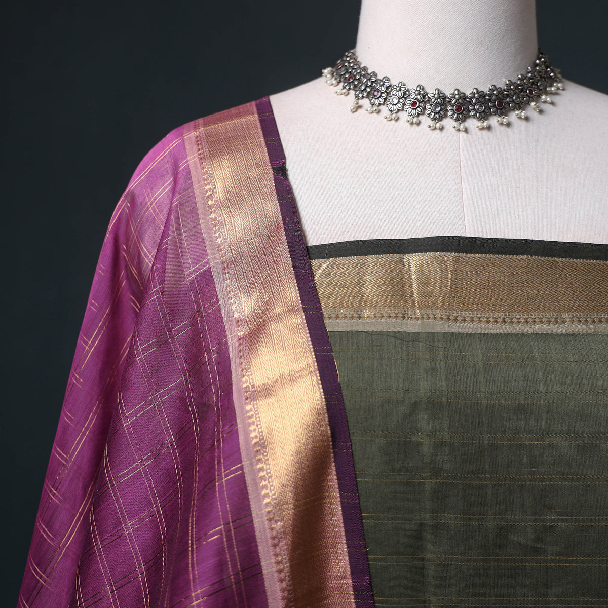 Handloom Maheshwari Silk Zari Checks Unstitched Dress Material: Kurta with Dupatta 06