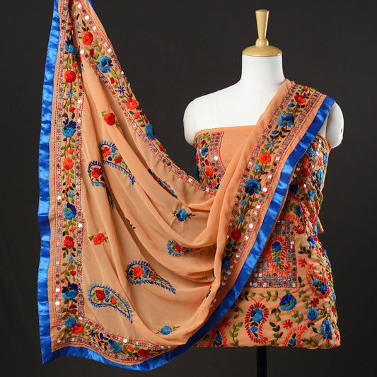 Brown - 3pc Phulkari Embroidery Chapa Work Georgette Suit Material Set 25