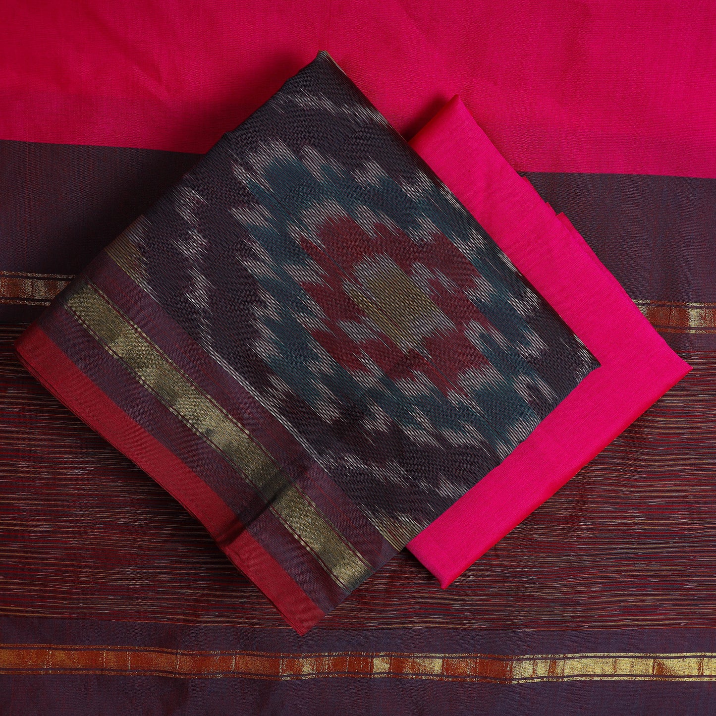 Purple - 3pc Handloom Silk Cotton Pochampally Ikat Dress Material 08