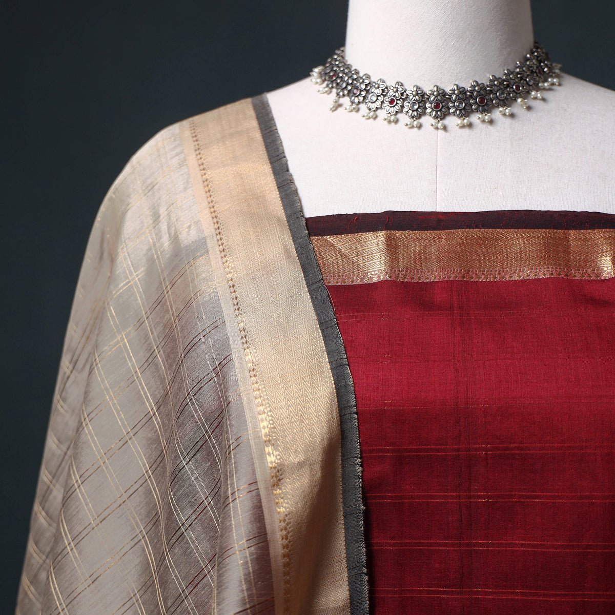 Handloom Maheshwari Silk Zari Checks Unstitched Dress Material: Kurta with Dupatta 07