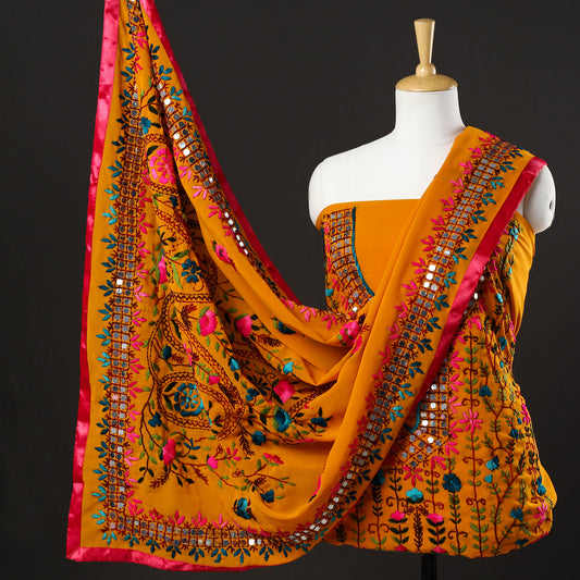 Orange - 3pc Phulkari Embroidery Chapa Work Georgette Suit Material Set 26