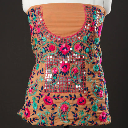 Brown - 3pc Phulkari Embroidery Chapa Work Georgette Suit Material Set 28