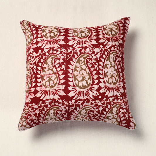 Red - Hand Batik Printed Cotton Cushion Cover (16 x 16 in)