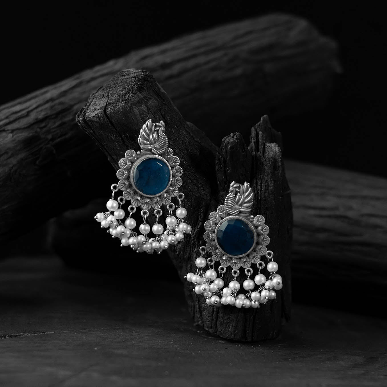 Blue - saanjh bela mayura oxidised earrings - handcrafted