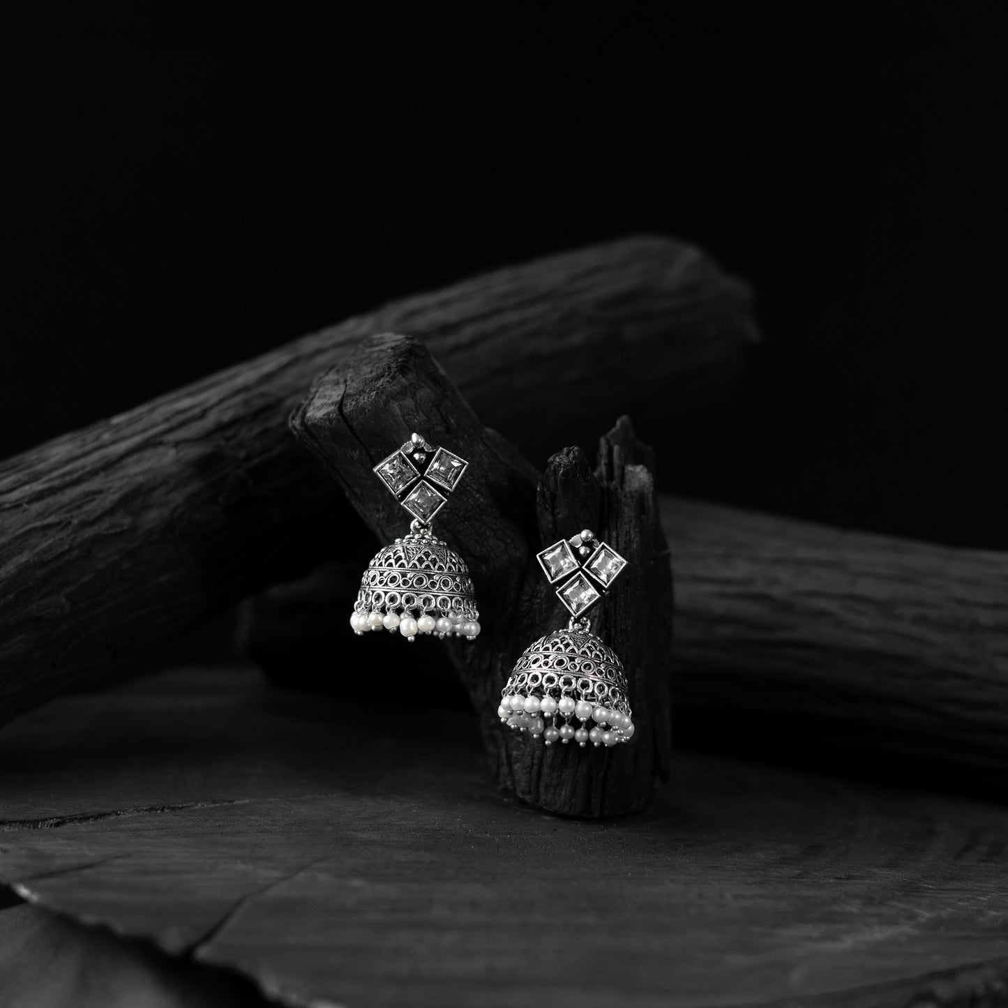 White - saanjh bela square oxidised jhumka earrings