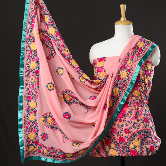Pink - 3pc Phulkari Embroidery Chapa Work Georgette Suit Material Set 29