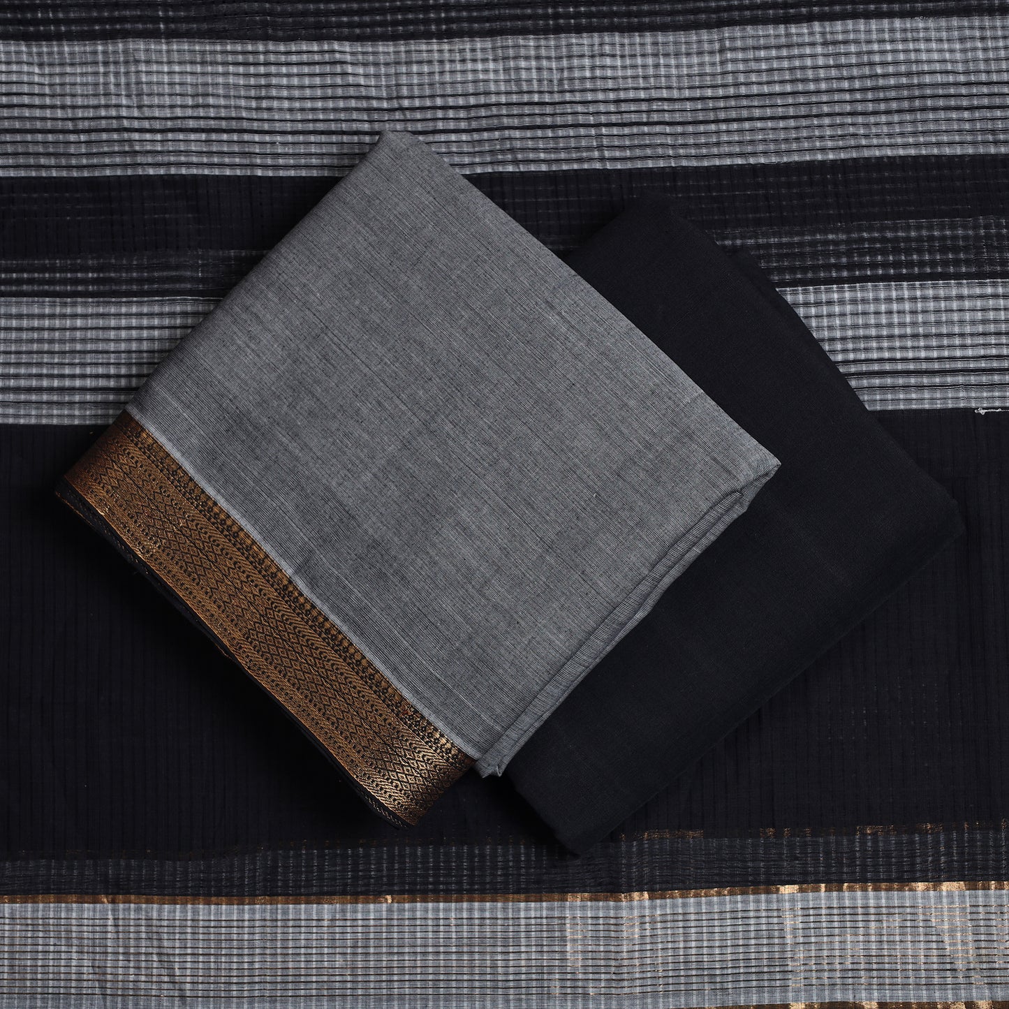 Grey - 3pc Mangalagiri Handloom Cotton Suit Material Set with Zari Border