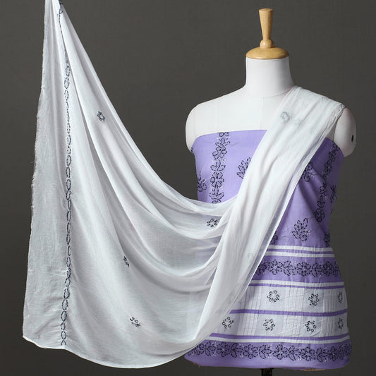 Purple - 3pc Lucknow Chikankari Hand Embroidery Cotton Suit Material Set 20