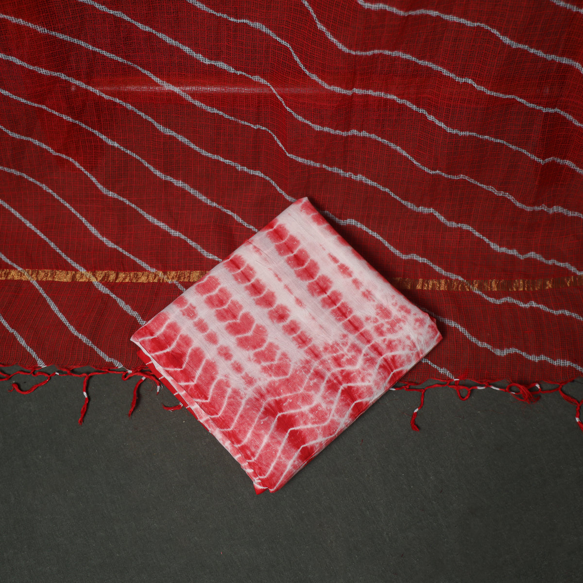 Leheriya Kota Doria Cotton Unstitched Dress Material: Kurta, Bottom & Dupatta 06