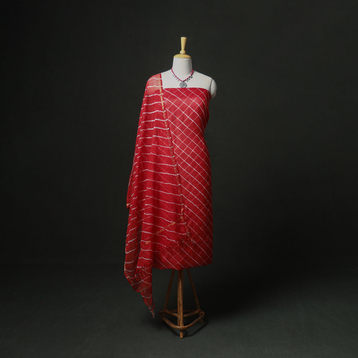 Leheriya Kota Doria Cotton Unstitched Dress Material: Kurta, Bottom & Dupatta 06