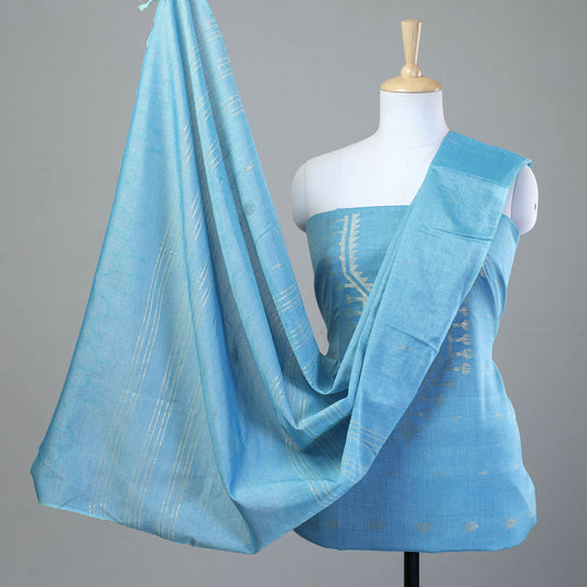 Blue - 3pc Phulia Jamdani Weave Handloom Cotton Suit Material Set