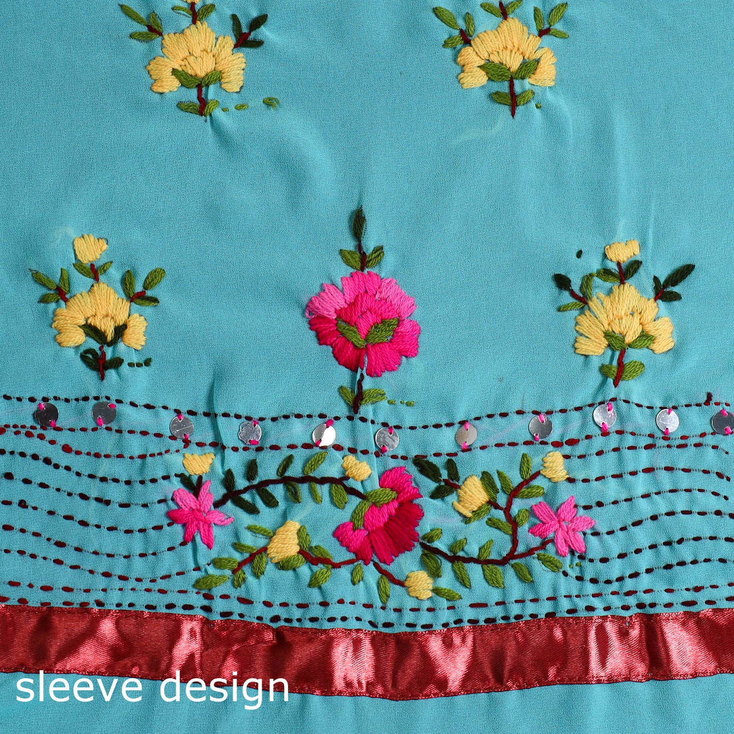 Blue - 3pc Phulkari Embroidery Chapa Work Georgette Suit Material Set 12