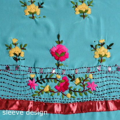 Blue - 3pc Phulkari Embroidery Chapa Work Georgette Suit Material Set 12