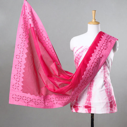 Pink - 2pc Shibori Tie-Dye Pure Cotton Kurta with Barmer Applique Dupatta