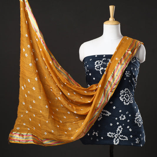 Black - 3pc Kutch Bandhani Tie-Dye Satin Cotton Suit Material Set