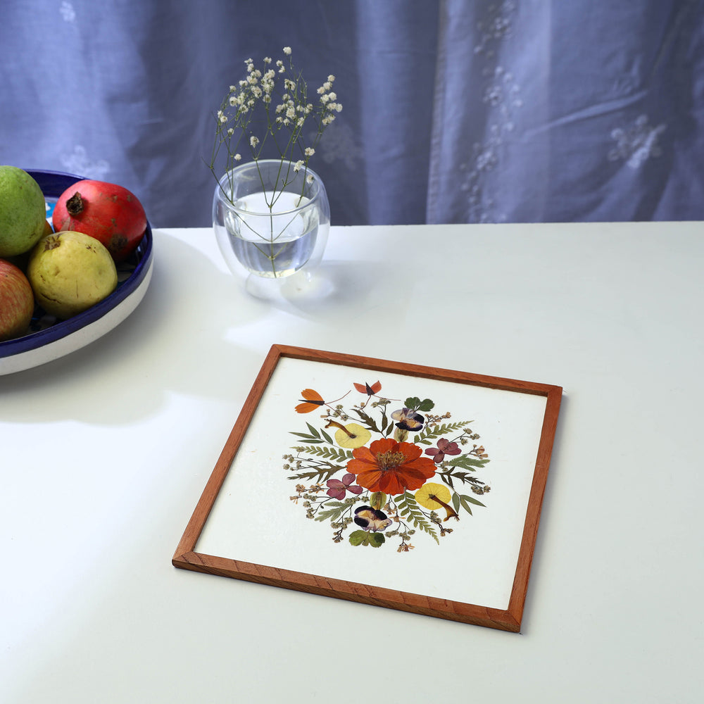 Flower Art Work Wooden Square Coaster (8 x 8 in)