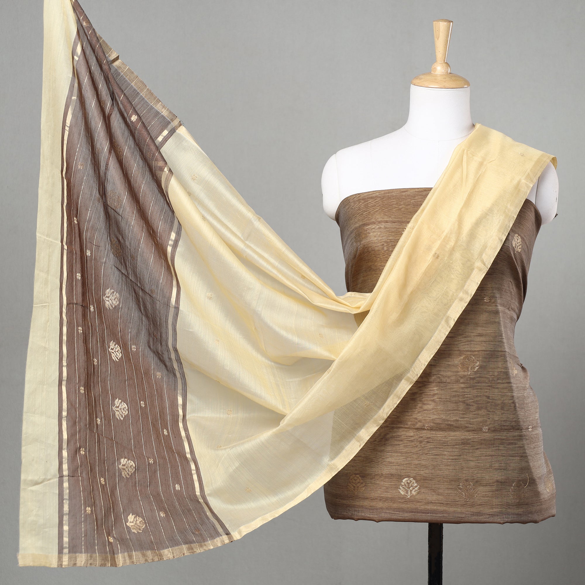 Royal glow block print Chanderi cotton silk suit set fabric - Beige & –  gullychiq
