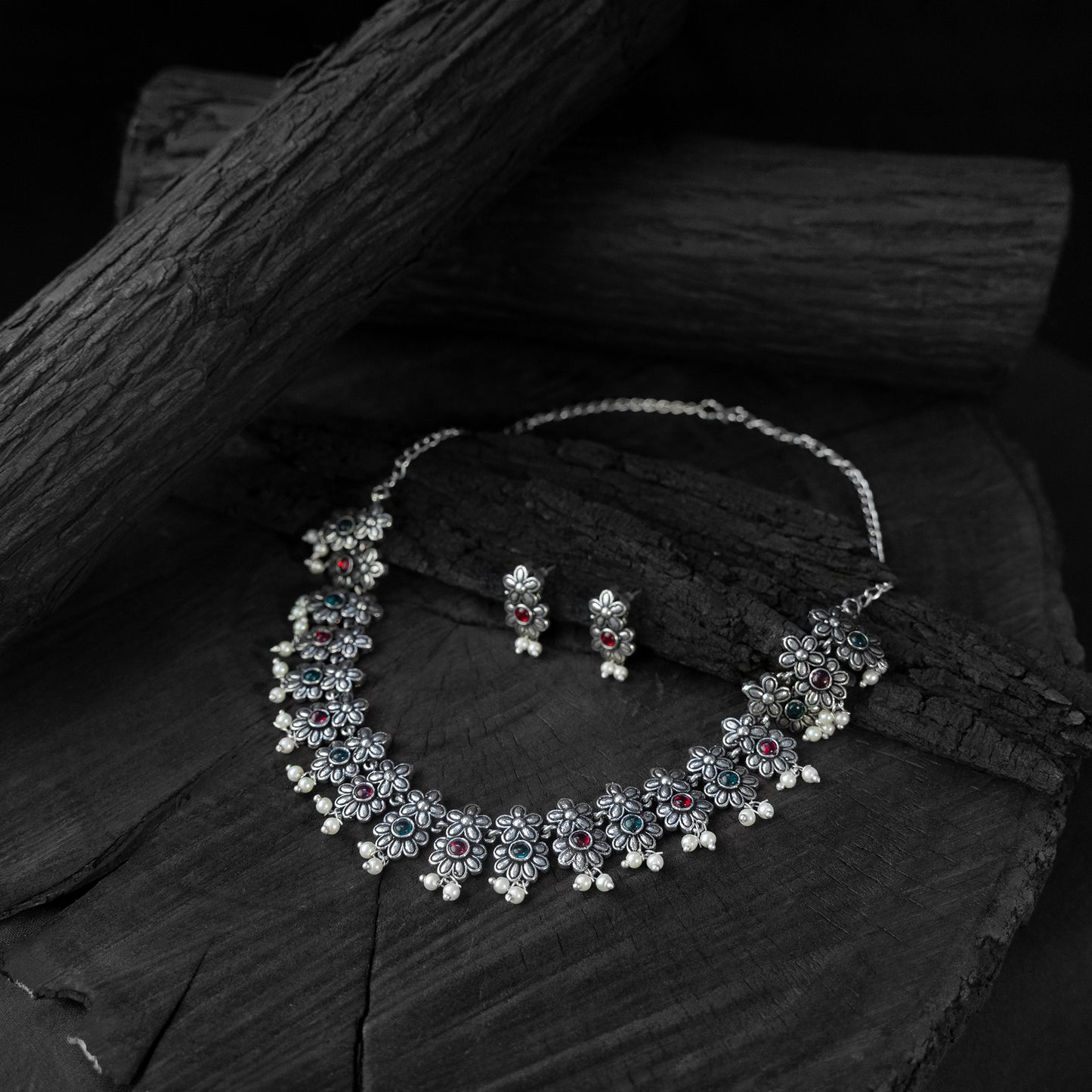 Multicolor - saanjh bela flower oxidised necklace set