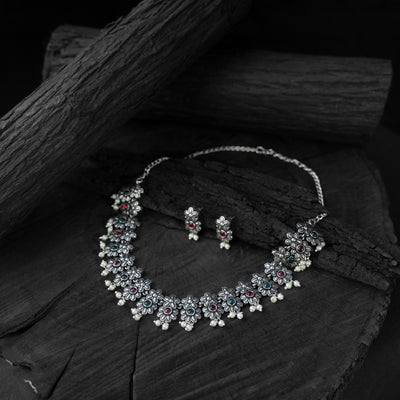 Multicolor - saanjh bela flower oxidised necklace set