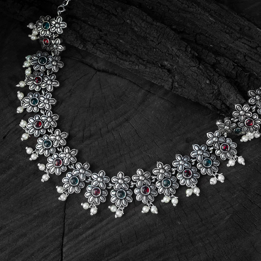 Multicolor - saanjh bela flower oxidised necklace set