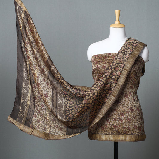 Brown - 2pc Bagru Ajrakh Dabu Block Printed Maheshwari Silk Suit Material Set with Zari Border
