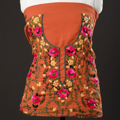 Orange - 3pc Phulkari Embroidery Chapa Work Georgette Suit Material Set 33