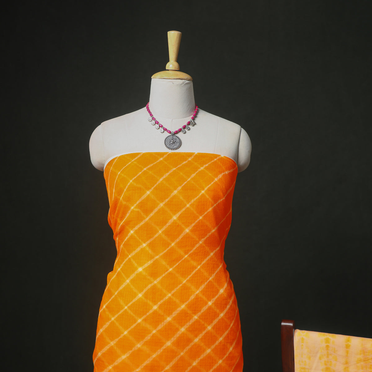 Leheriya Kota Doria Cotton Unstitched Dress Material: Kurta, Bottom & Dupatta 01