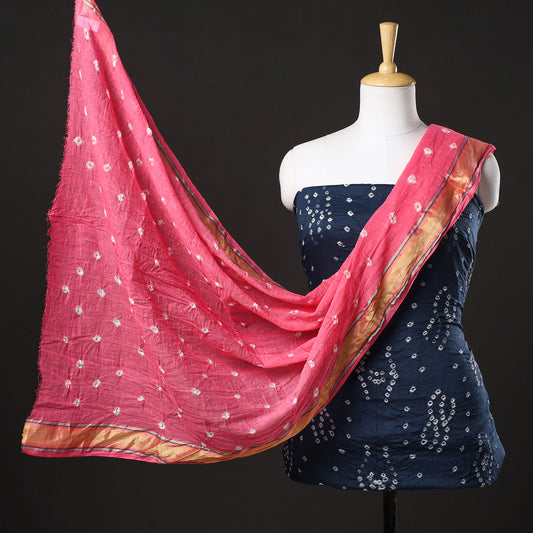 Blue - 3pc Kutch Bandhani Tie-Dye Satin Cotton Suit Material Set